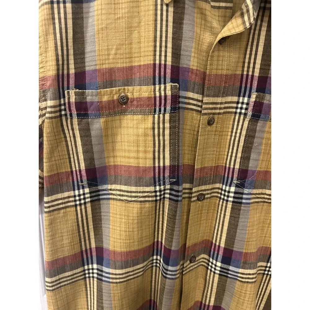 Toad&Co Button‎ Down Shirt Mustard Yellow Plaid Organic Cotton Short Sleeve L